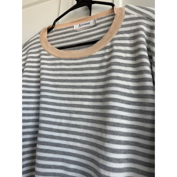 Anrabess Striped Knit Pullover Top Gray White Peach Crew Neck Sweater - Picture 4 of 5